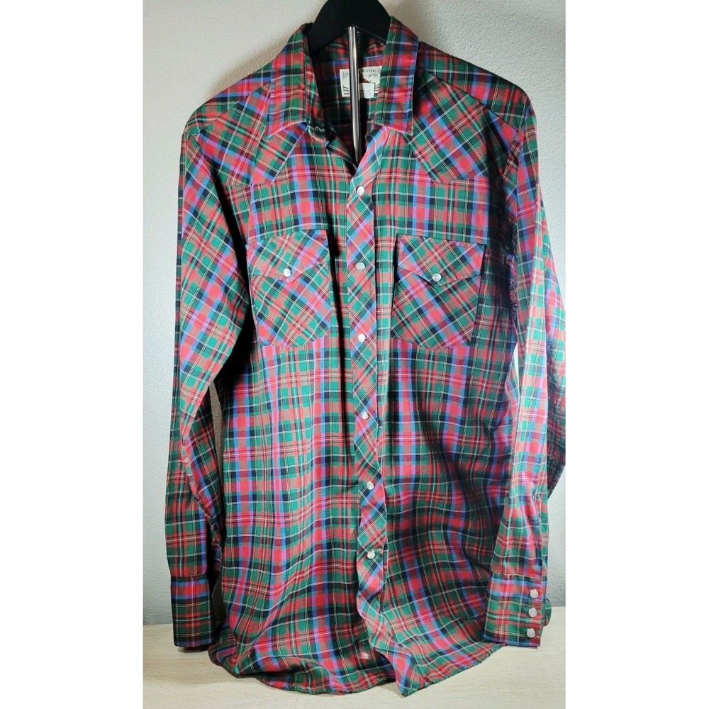 Ranchero Western Plaid Snap‎ Button Shirt Mens Tall Large Y2K